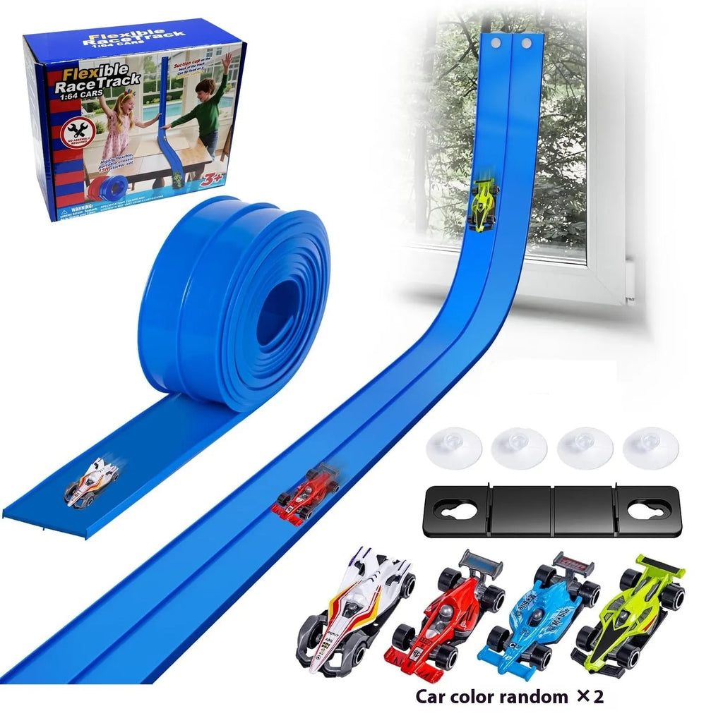 DIY double rail car PVC soft track set with anti-gravity magnetic assembly in blue colour