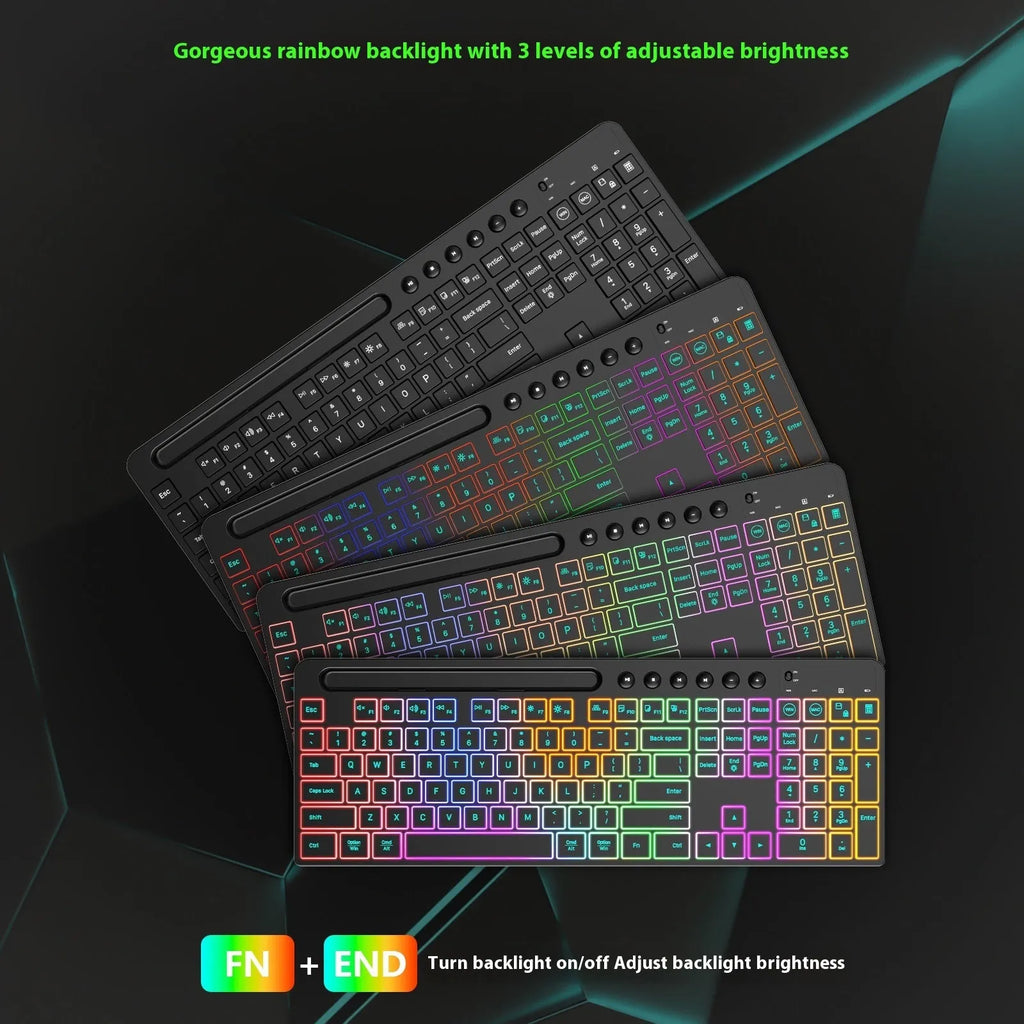 Wireless keyboard and mouse combo set with luminous keys, card slot, and USB receiver on a desk.