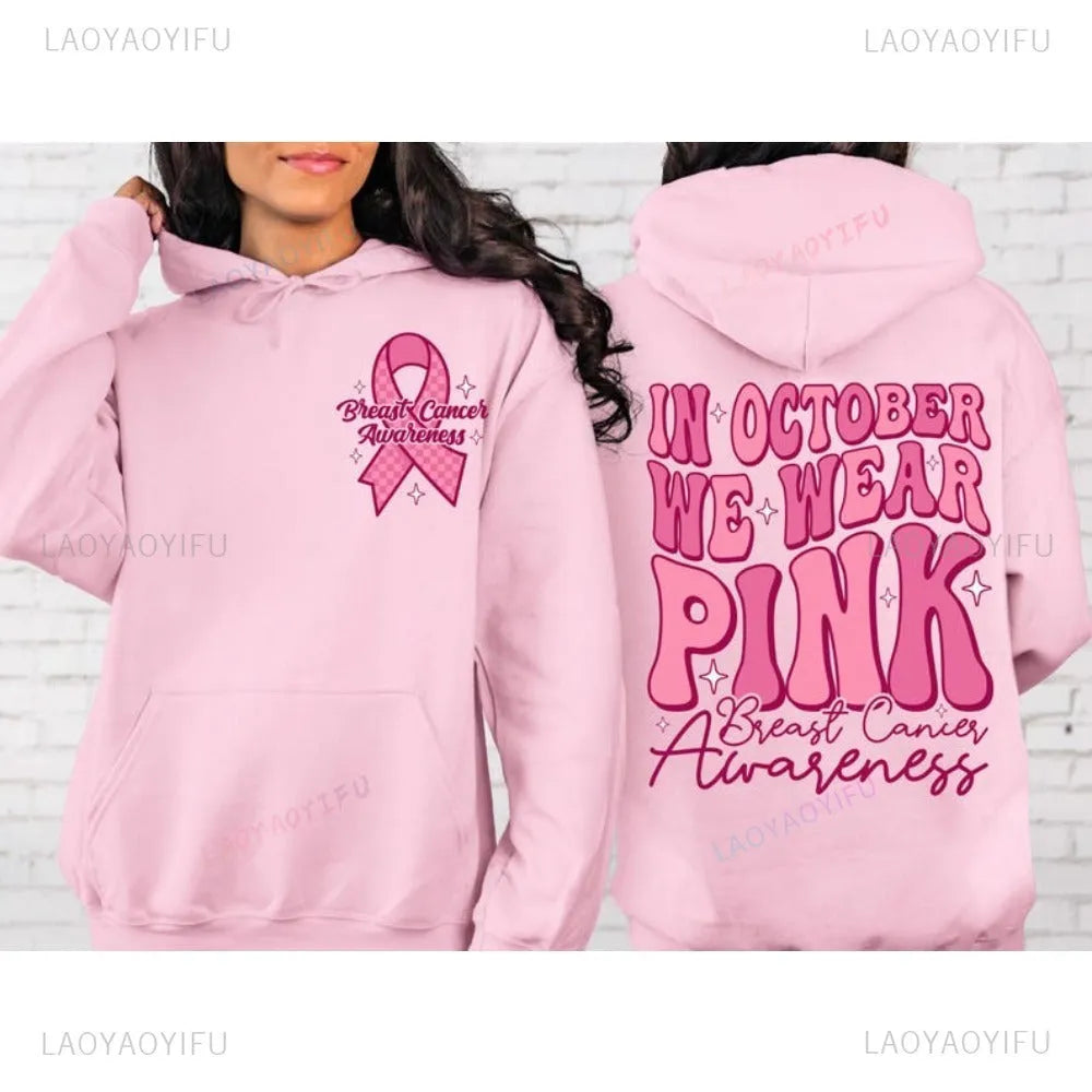 Pink Breast Cancer Awareness pullover hoodie with art retro design and a side seam pocket.