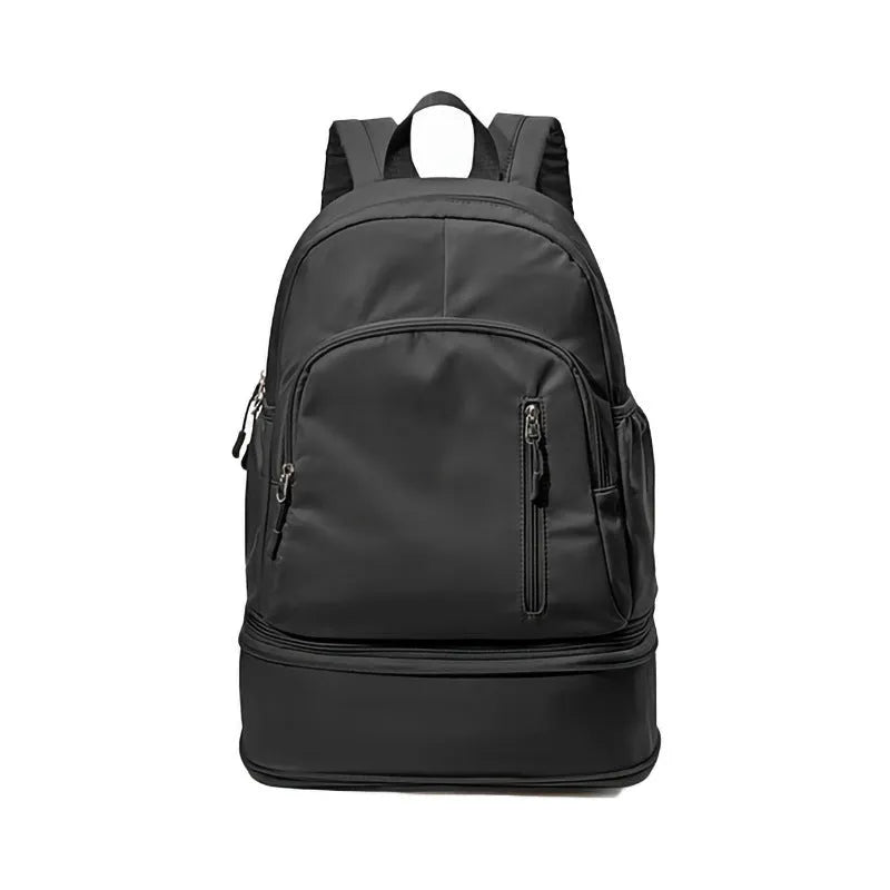 Women's casual backpack in polyester with curved shoulder straps showing decorative stitching details
