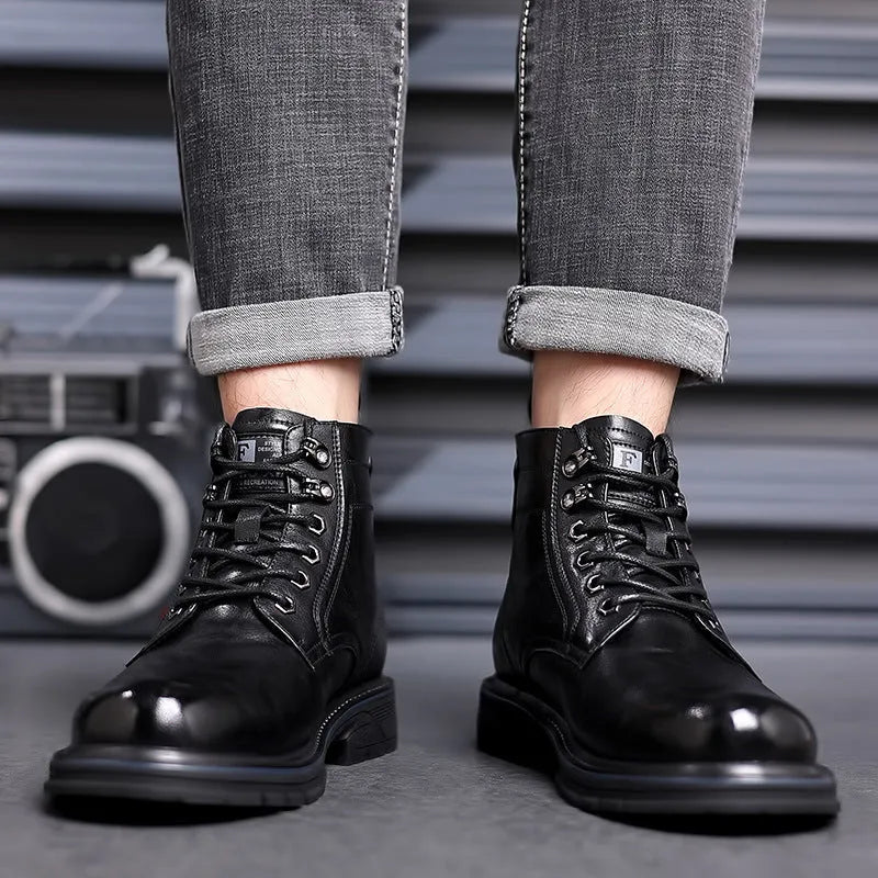 Men's black Martin leather ankle boots with square heel and high shaft on rubber sole
