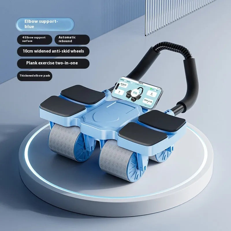Automatic rebound abdominal exercise wheel with four wheels in black, blue, and orange colours