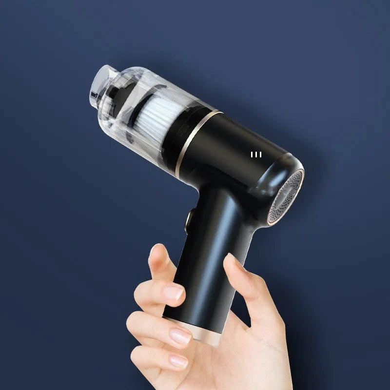 Black wireless handheld vacuum cleaner with attachments for car and home use.