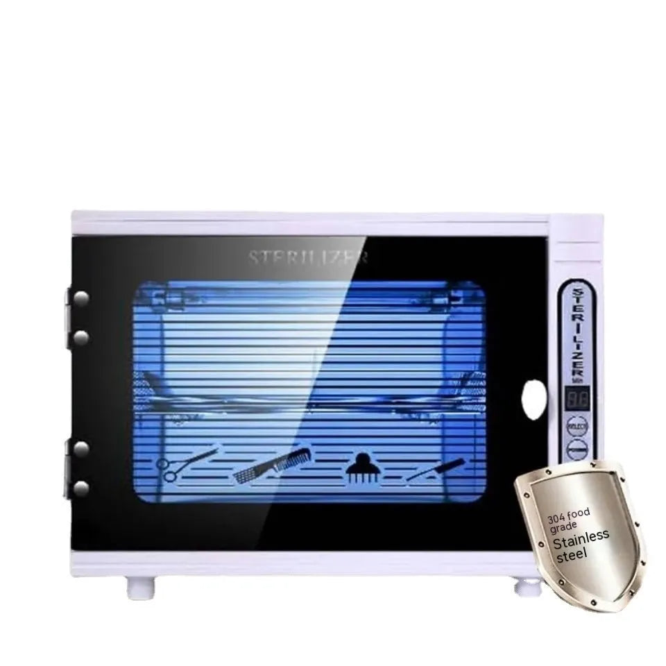 Small silver ultraviolet steriliser cabinet with stainless steel interior for salon tool hygiene