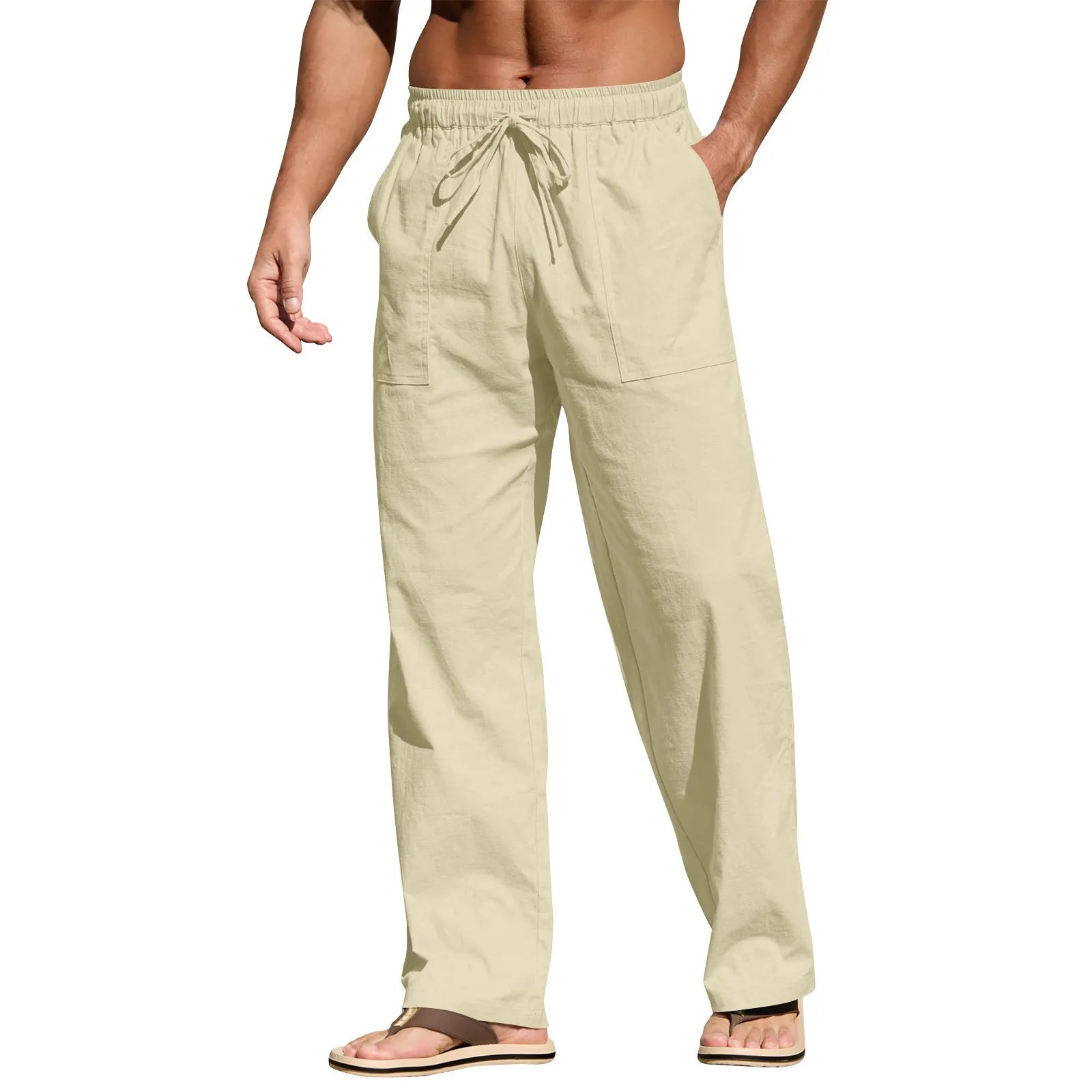 Men's beige cotton linen trousers with drawstring waist and straight legs on a plain background