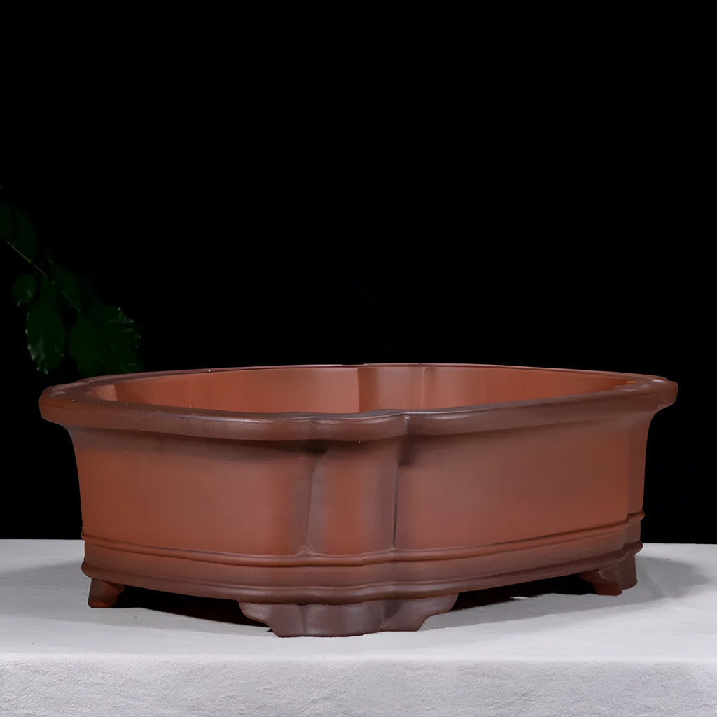 Antique Chinese style purple clay rectangular flowerpot with tree stump and floral relief pattern, 71cm long