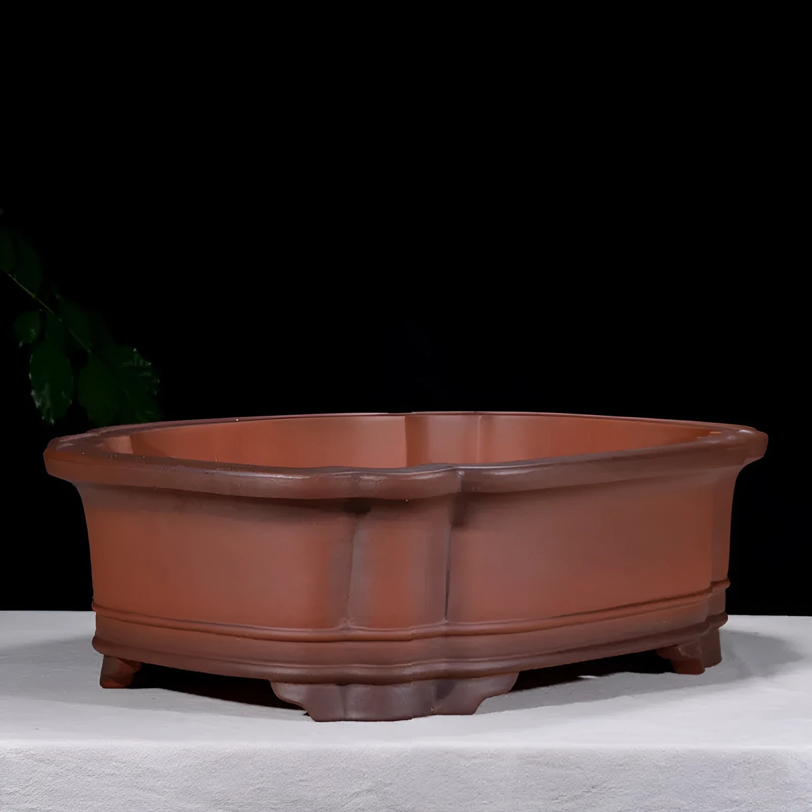 Antique Chinese style purple clay rectangular flowerpot with tree stump and floral relief pattern, 71cm long