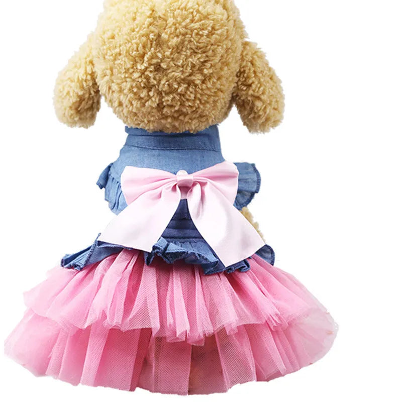 Korean style denim pet skirt with bow decoration for dogs in pink or white