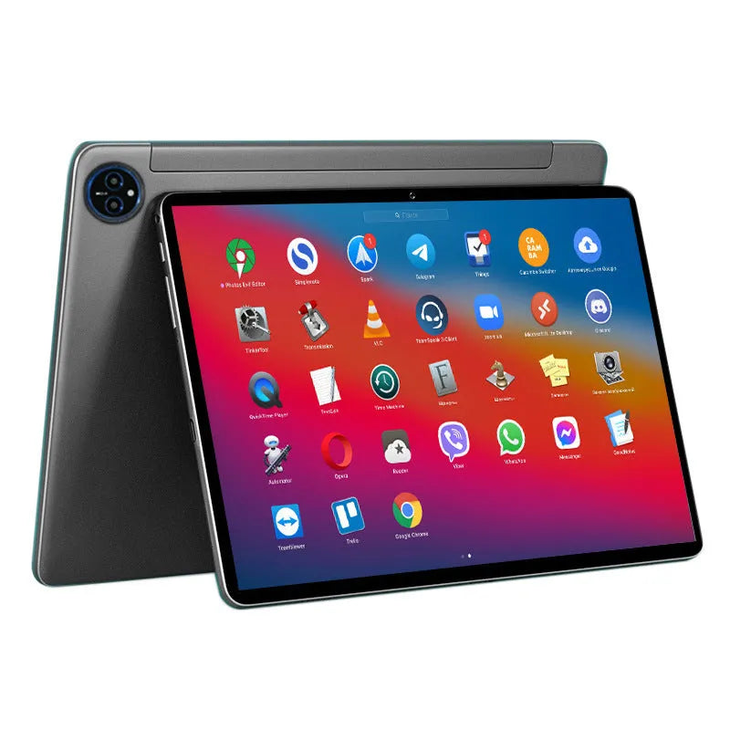 10-inch tablet PC in bare metal blue with leather keyboard case open on desk