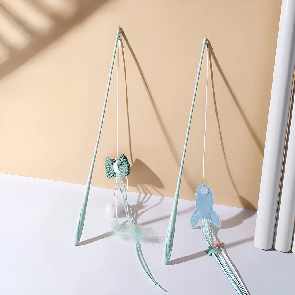Blue and green cat teaser wands with feather attachments and long bite-resistant poles