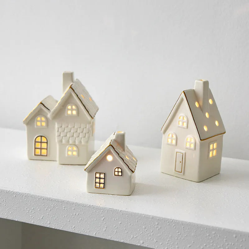 Ceramic Christmas tree house ornament in European style villa design with open door