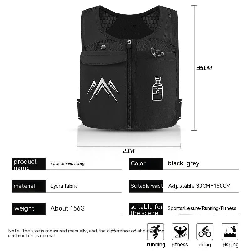 Black breathable mesh running vest with integrated hydration pack and front phone pocket for outdoor sports.