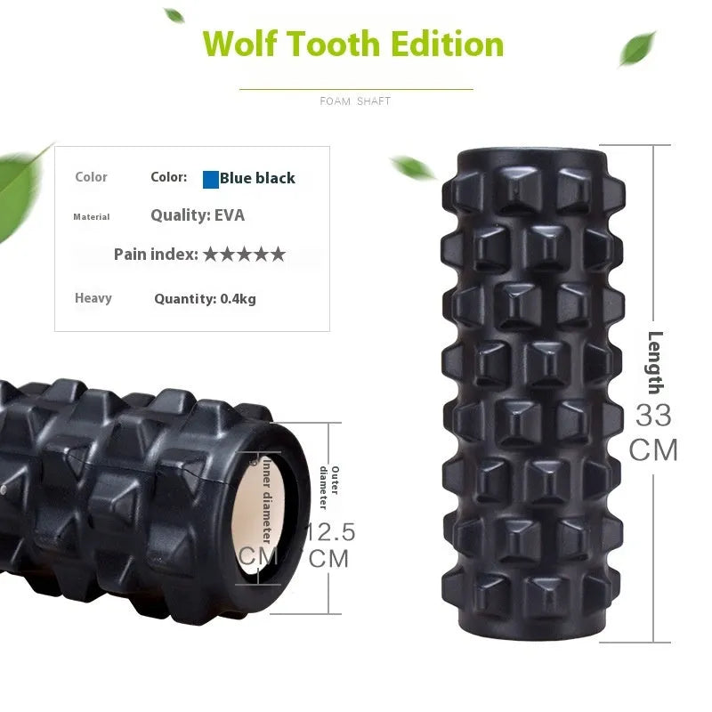 Black six-piece segmented foam massage roller measuring 33cm in length