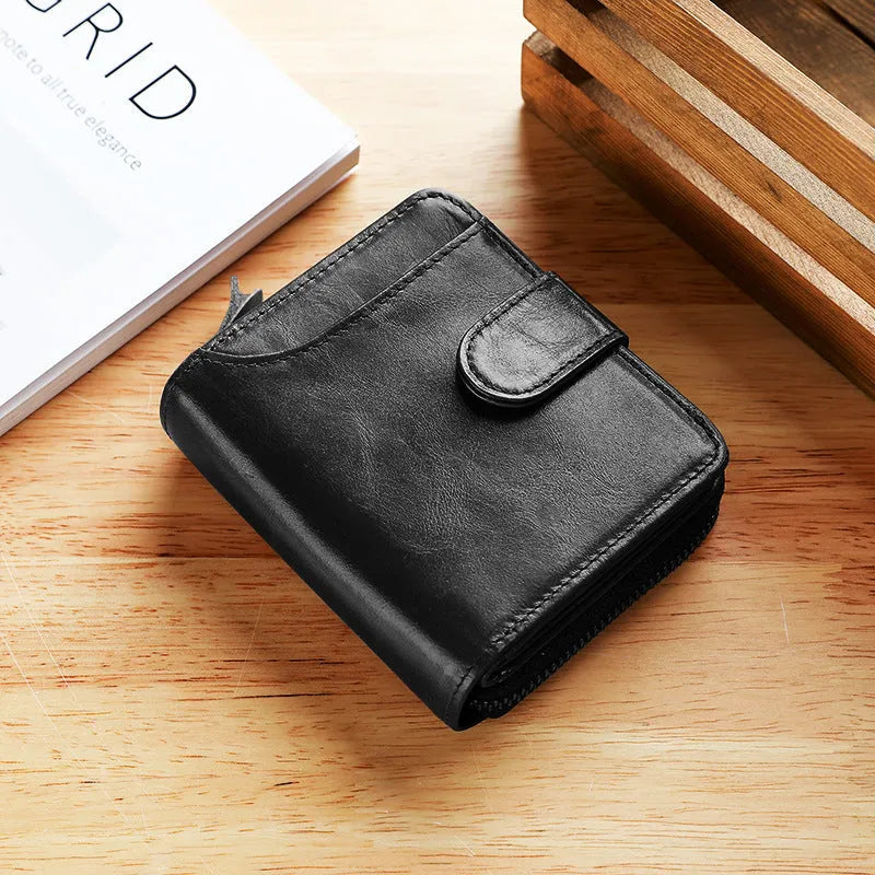 Genuine leather men's short wallet with multiple card slots in black colour
