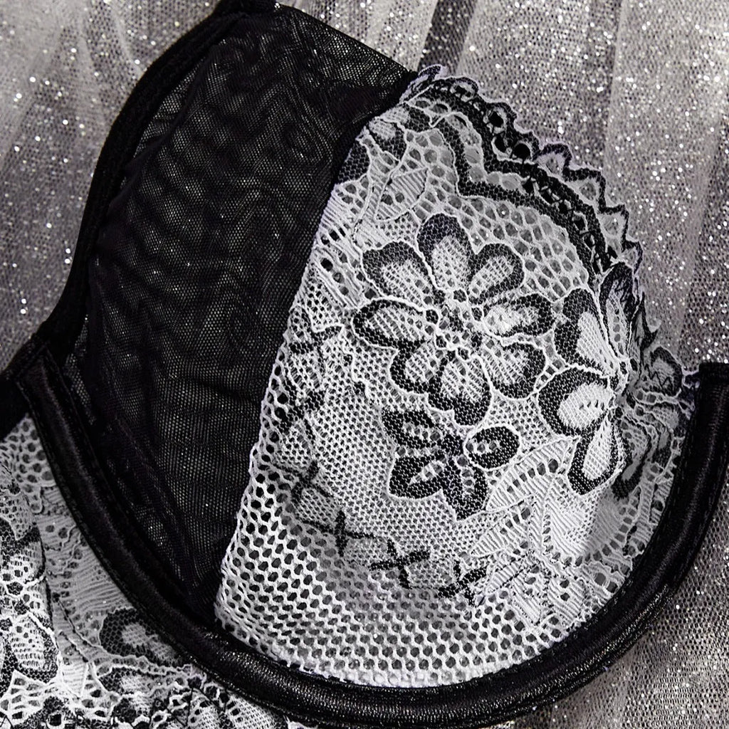 Women's black and white floral embroidered polyester three-point underwear suit set