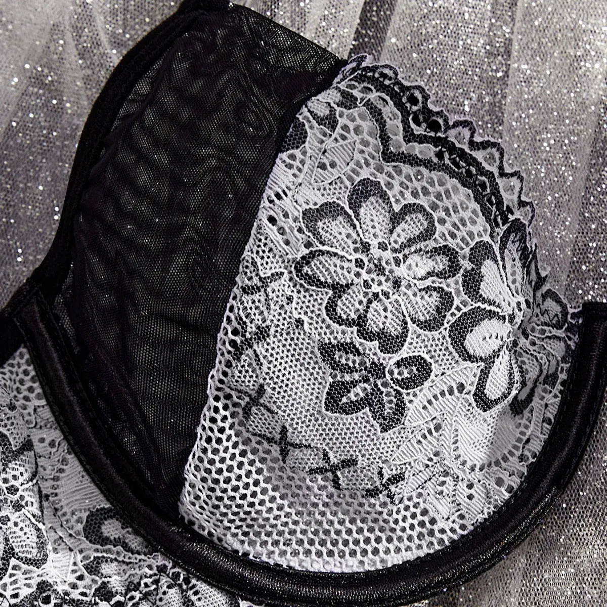Women's black and white floral embroidered polyester three-point underwear suit set
