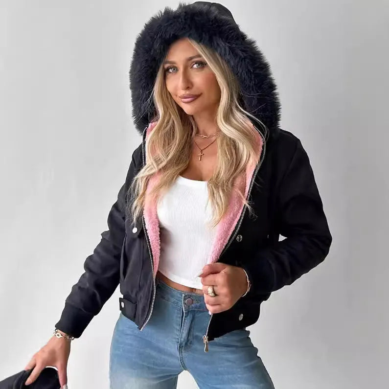 Women's casual hooded jacket with furry lining in Army Green – polyester long sleeve coat front view