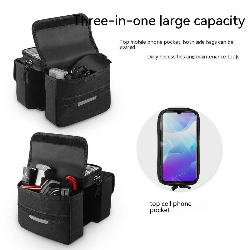 Black and grey Oxford cloth saddle bag with bilateral tube touch screen access and 2L capacity