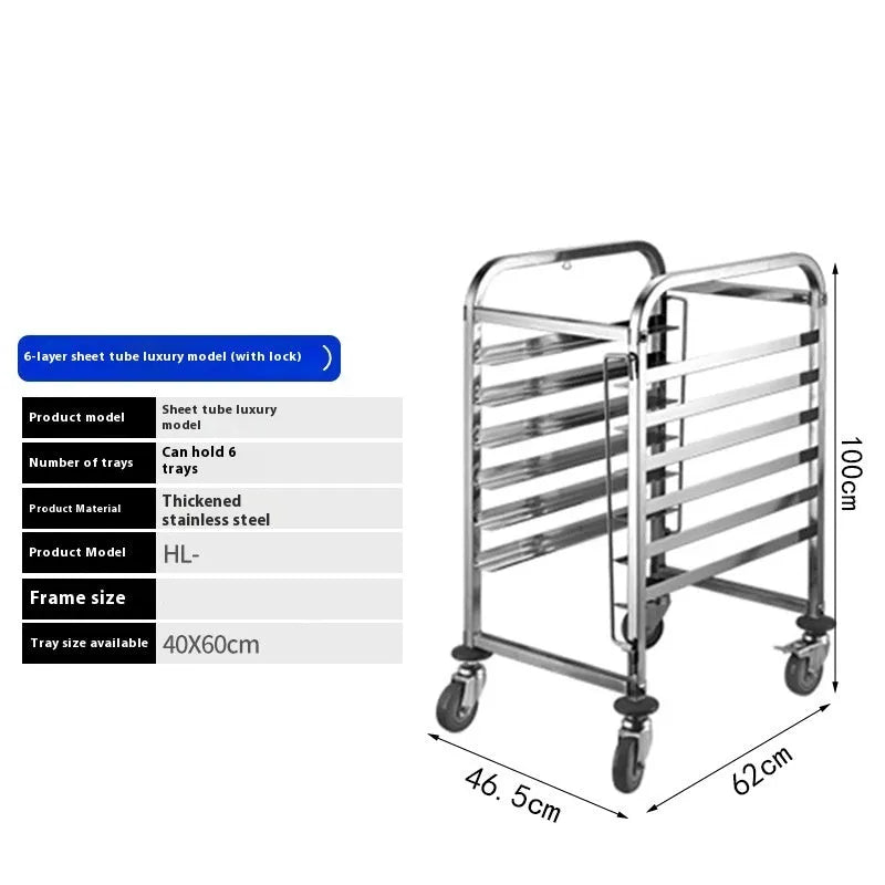Six-layer stainless steel commercial baking tray rack with locking mechanism