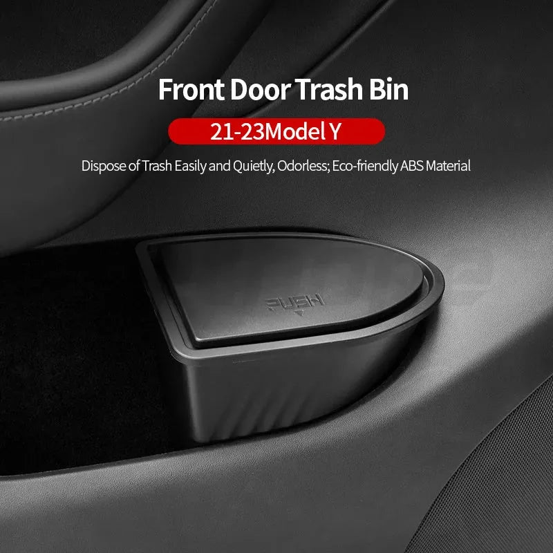 Black ABS plastic car door trash can designed for Tesla Model Y front door pockets.