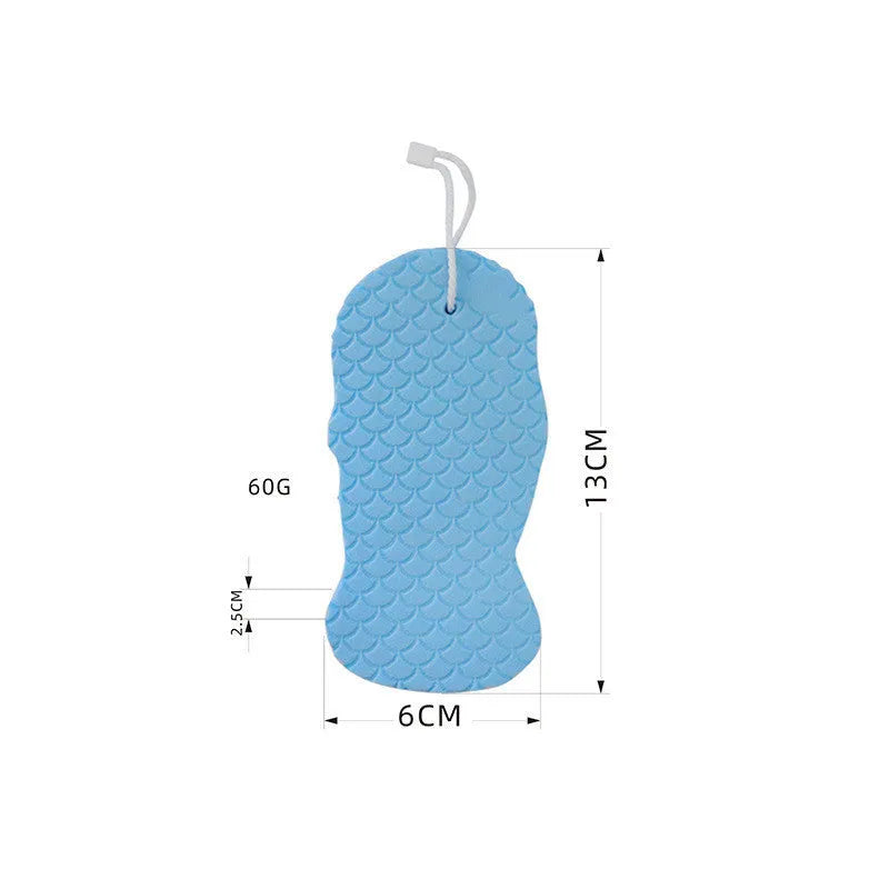 White bath sponge with fish scale pattern and hanging loop for bathroom exfoliation