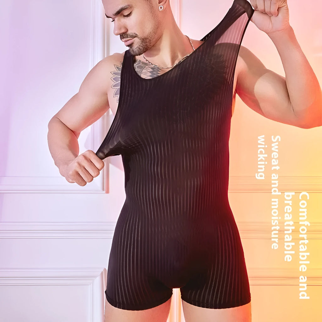 Men's striped nylon jumpsuit in black colour with wide vertical bar pattern, lightweight breathable fabric