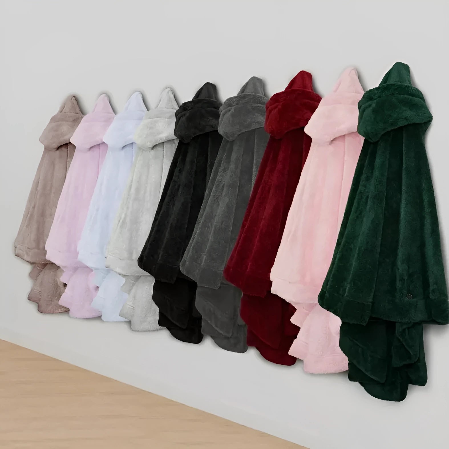 Thick hooded long sleeve bathrobe in a cardigan style, shown in black, dark grey, and pink colours.
