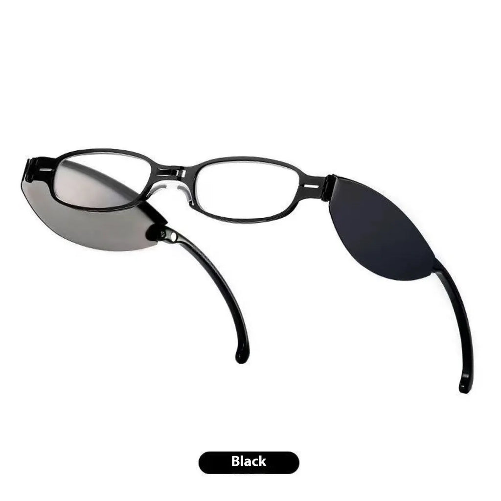 Folding presbyopic glasses with retro ring style frame shown in black and silver colour options