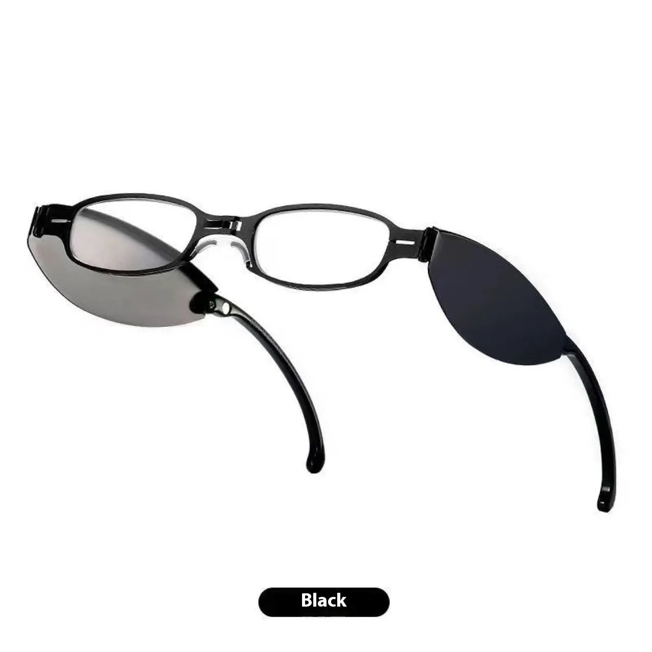 Folding presbyopic glasses with retro ring style frame shown in black and silver colour options