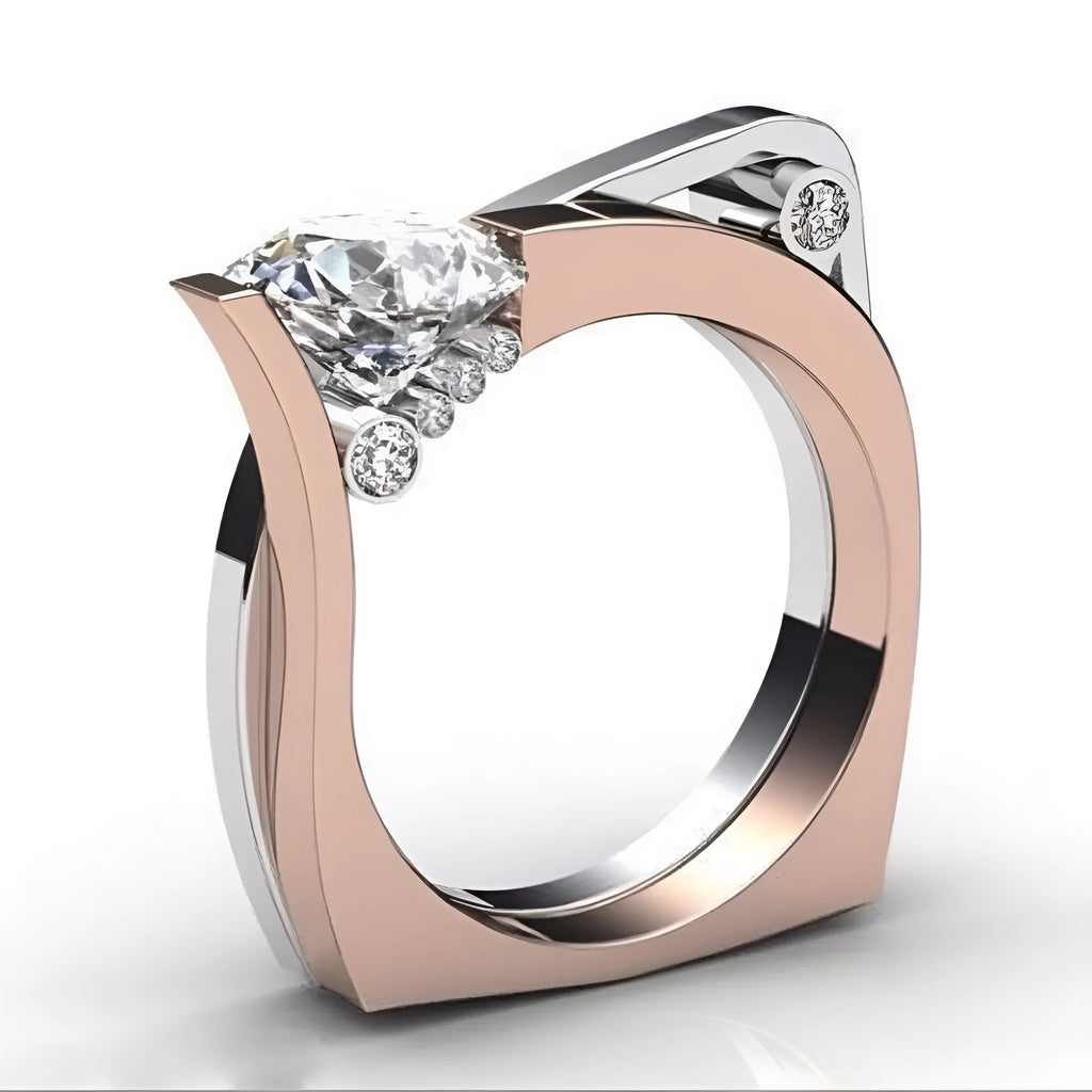 Rose gold geometric couple ring with inlaid zircon stones on a grey background.