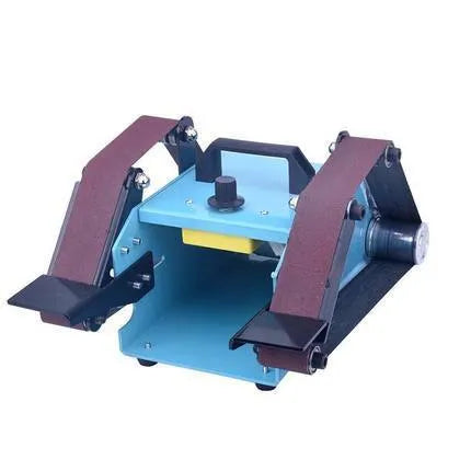 Blue desktop dual-axis belt sander with a 750W motor and variable speed switch for sharpening and polishing.