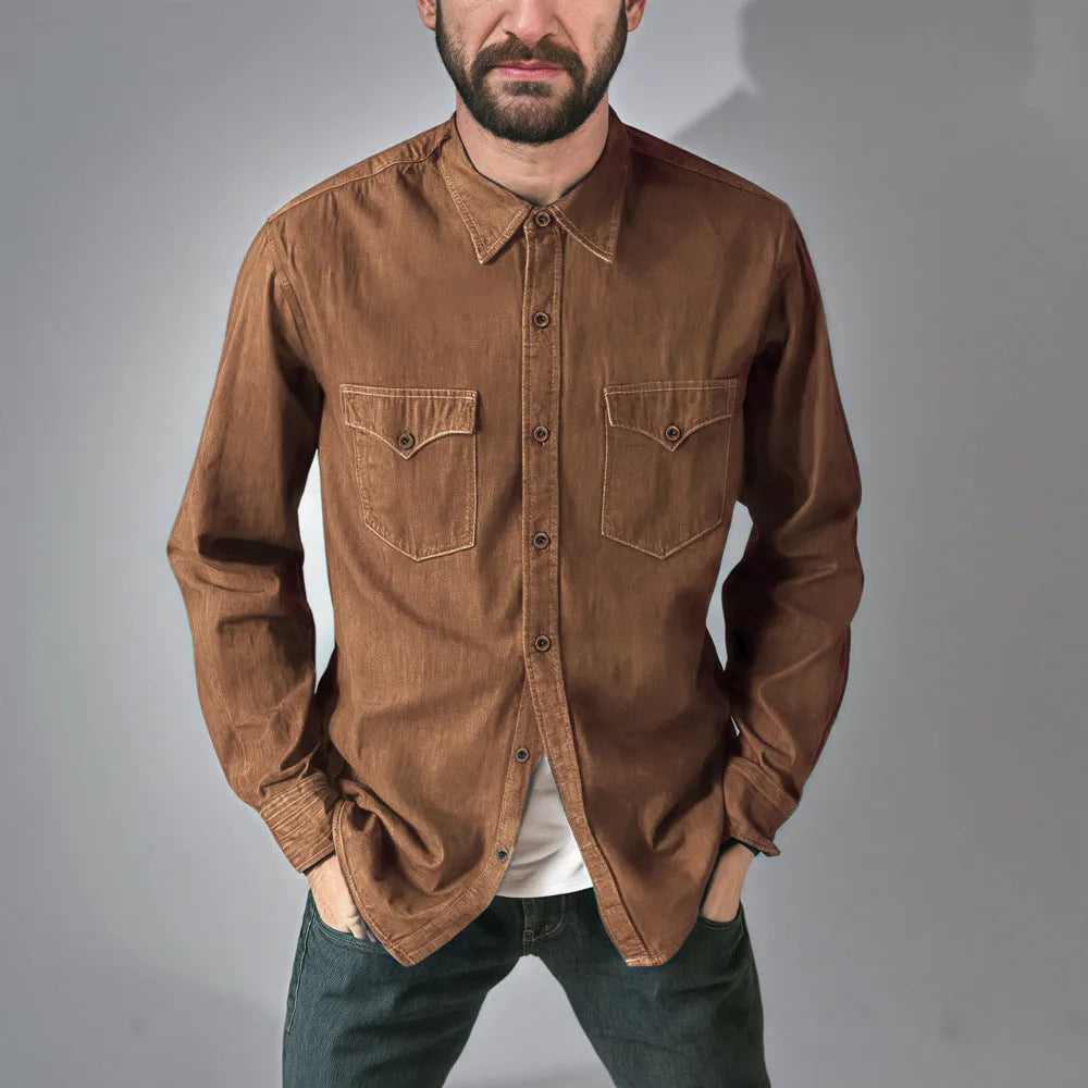 Regular fit cotton denim cardigan coat shown in khaki, available in multiple sizes.