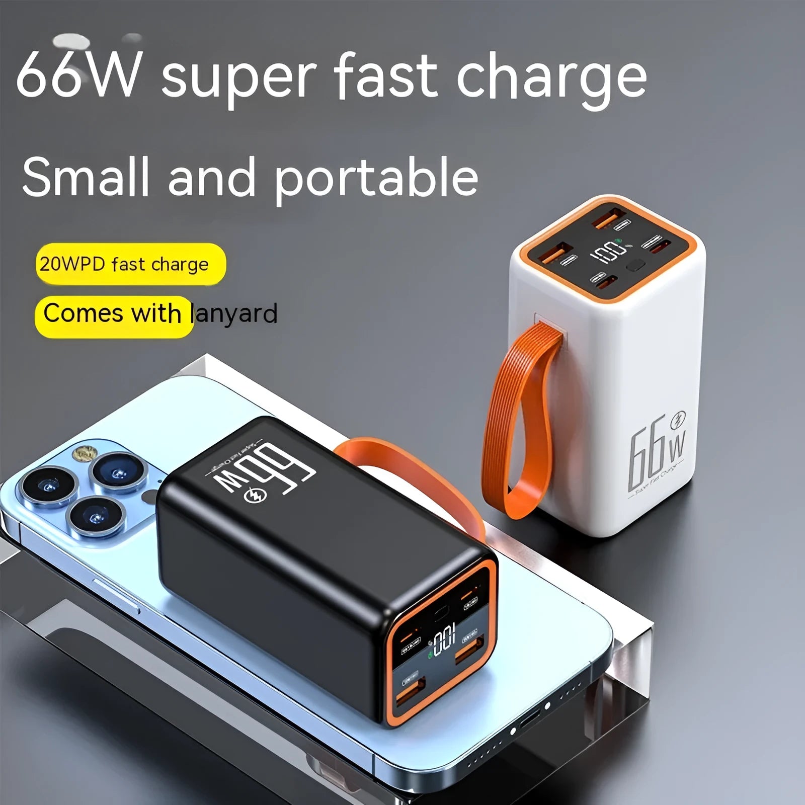 Black and white PD66W fast charge 20000mAh portable power bank showing creative design.