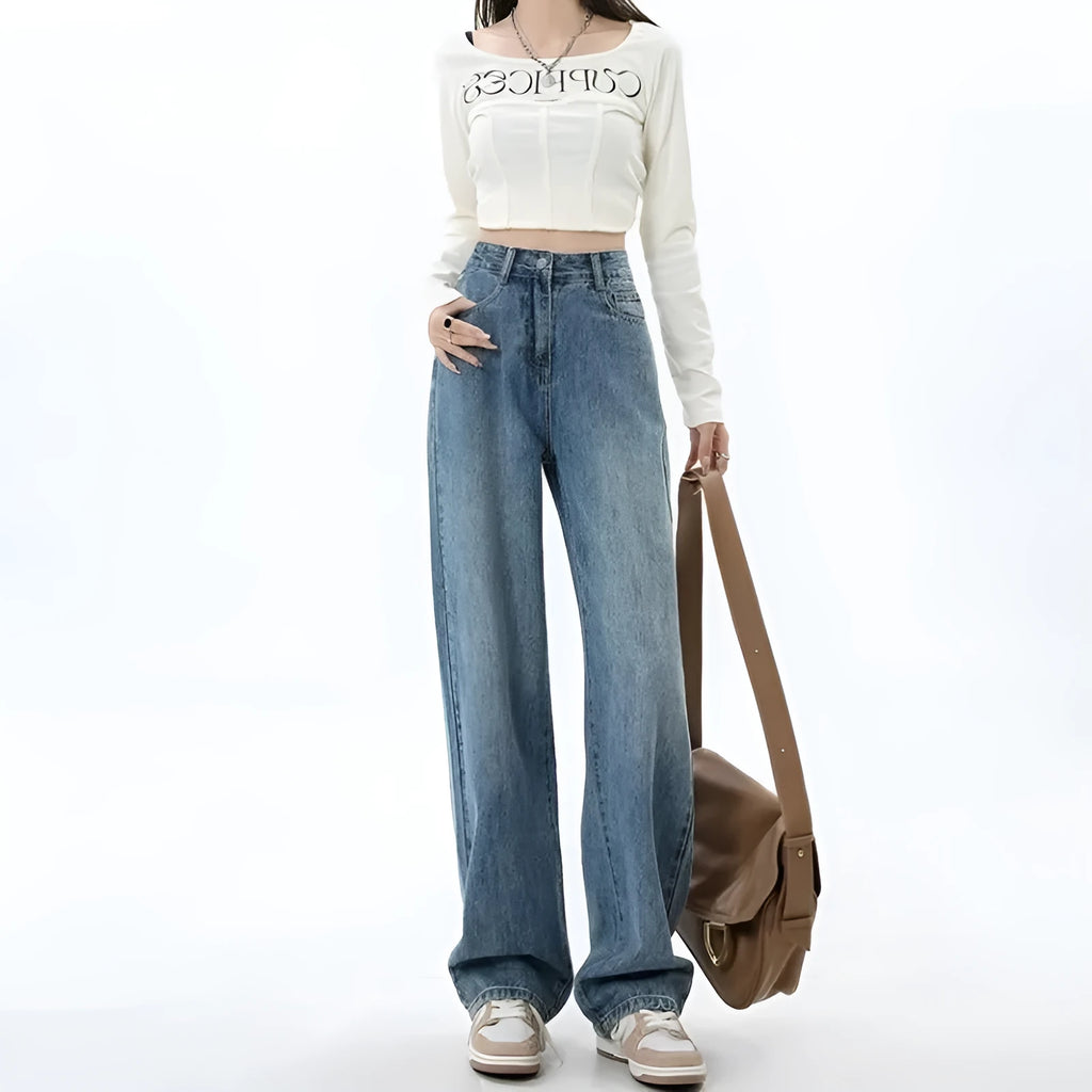 Retro blue high waist wide leg women's jeans on a hanger, showing straight leg cut.
