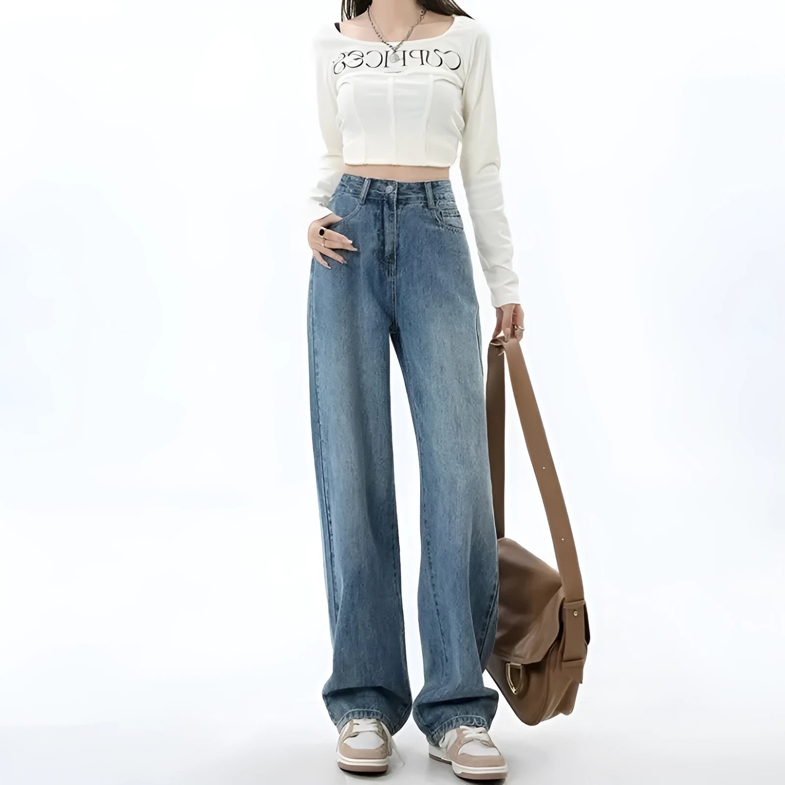 Retro blue high waist wide leg women's jeans on a hanger, showing straight leg cut.