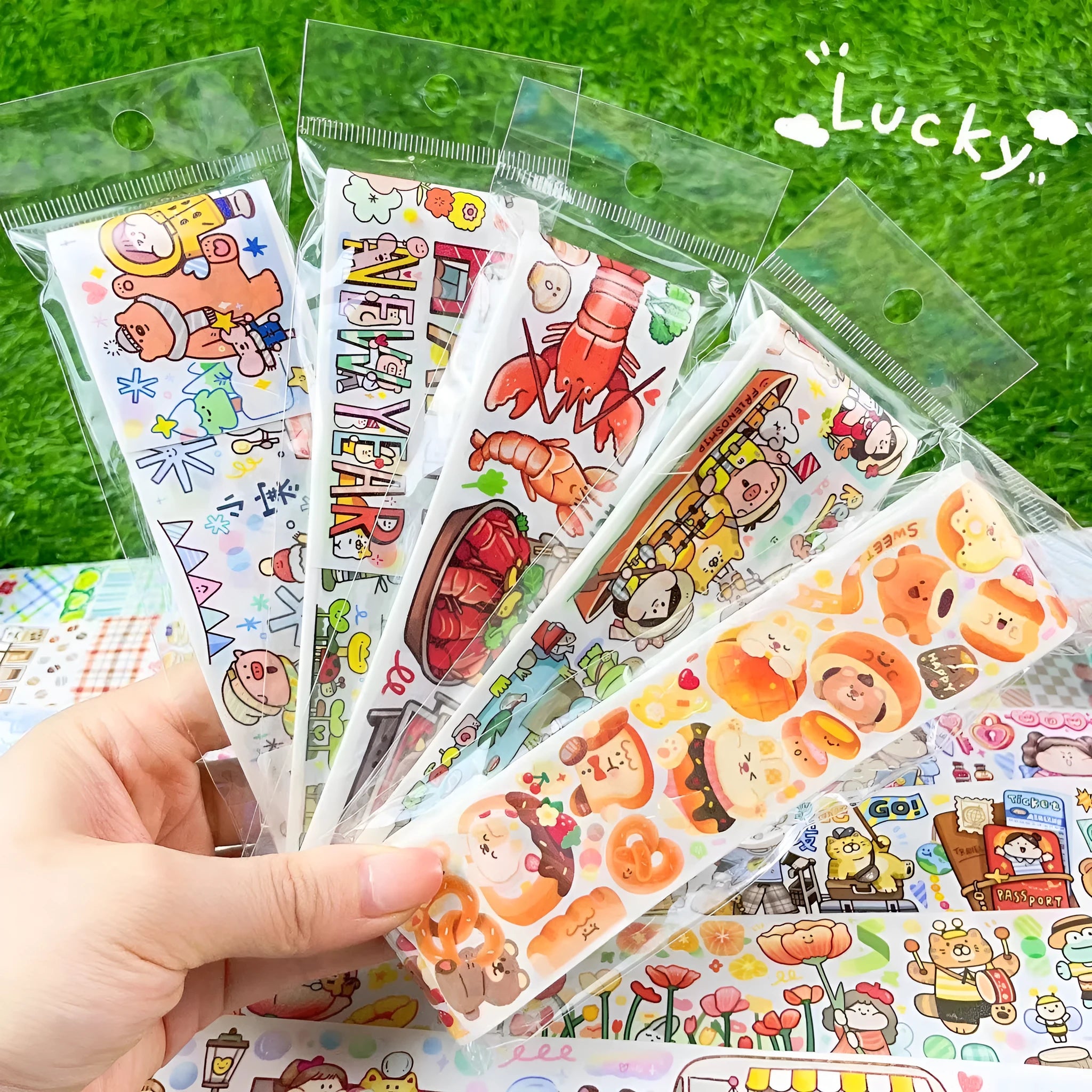 Sheet of cute cartoon character stickers on Japanese paper for packaging and crafts