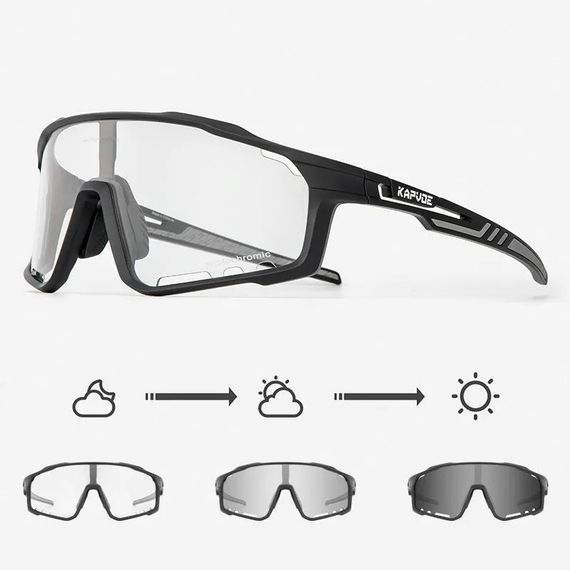 Photochromic cycling sunglasses with a semi-rimless TR90 frame shown in one of fourteen available colours.