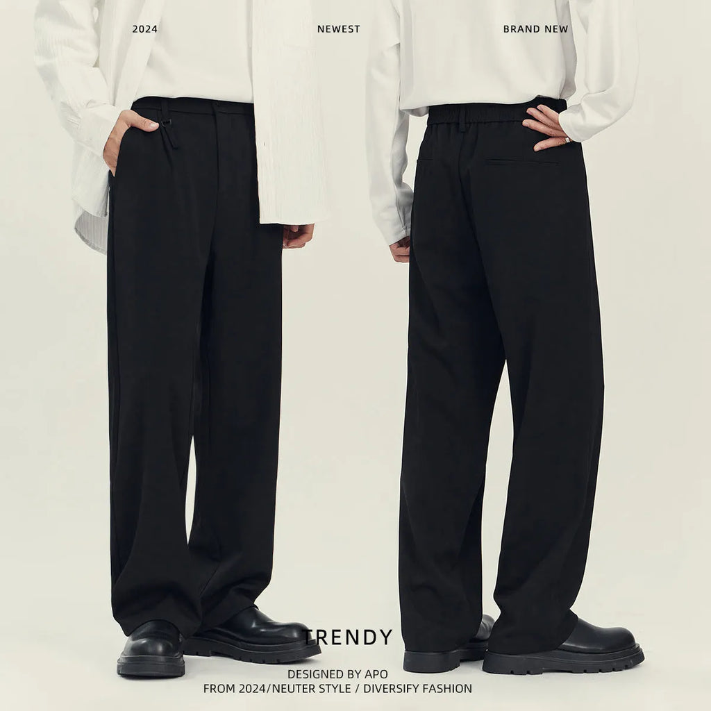 Men's black business casual straight-leg trousers with loose drape styling