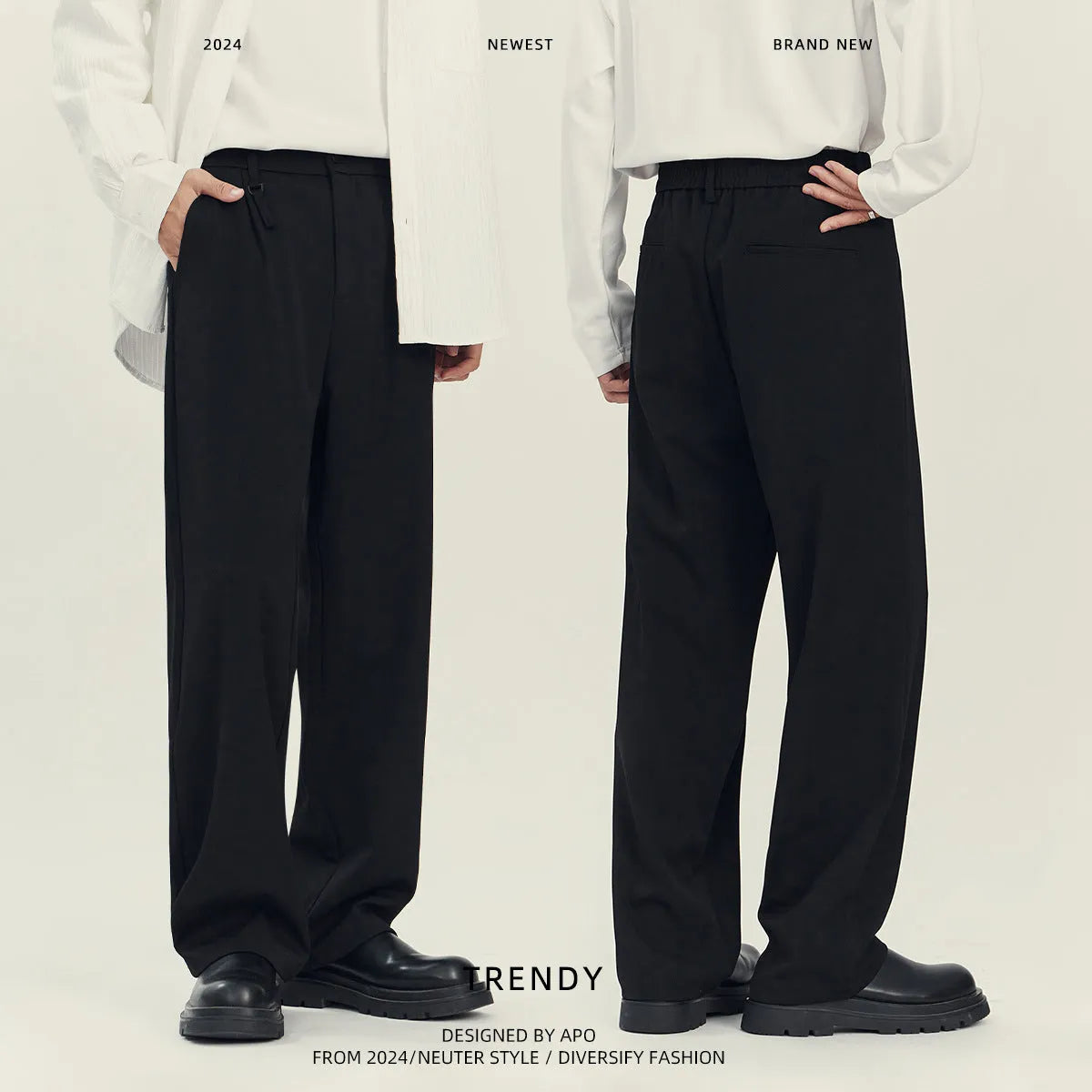 Men's black business casual straight-leg trousers with loose drape styling
