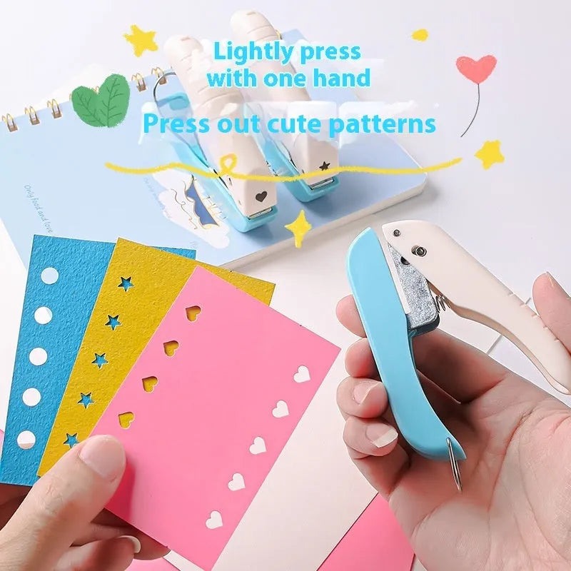 Manual craft punching machine with love, star, and round shape attachments for paper embossing.