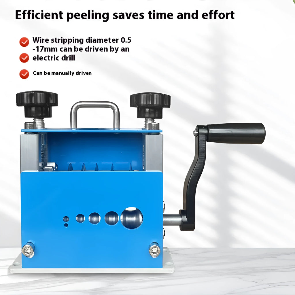 SD-017 manual household wire stripping machine showing compact grey body with wire aperture.