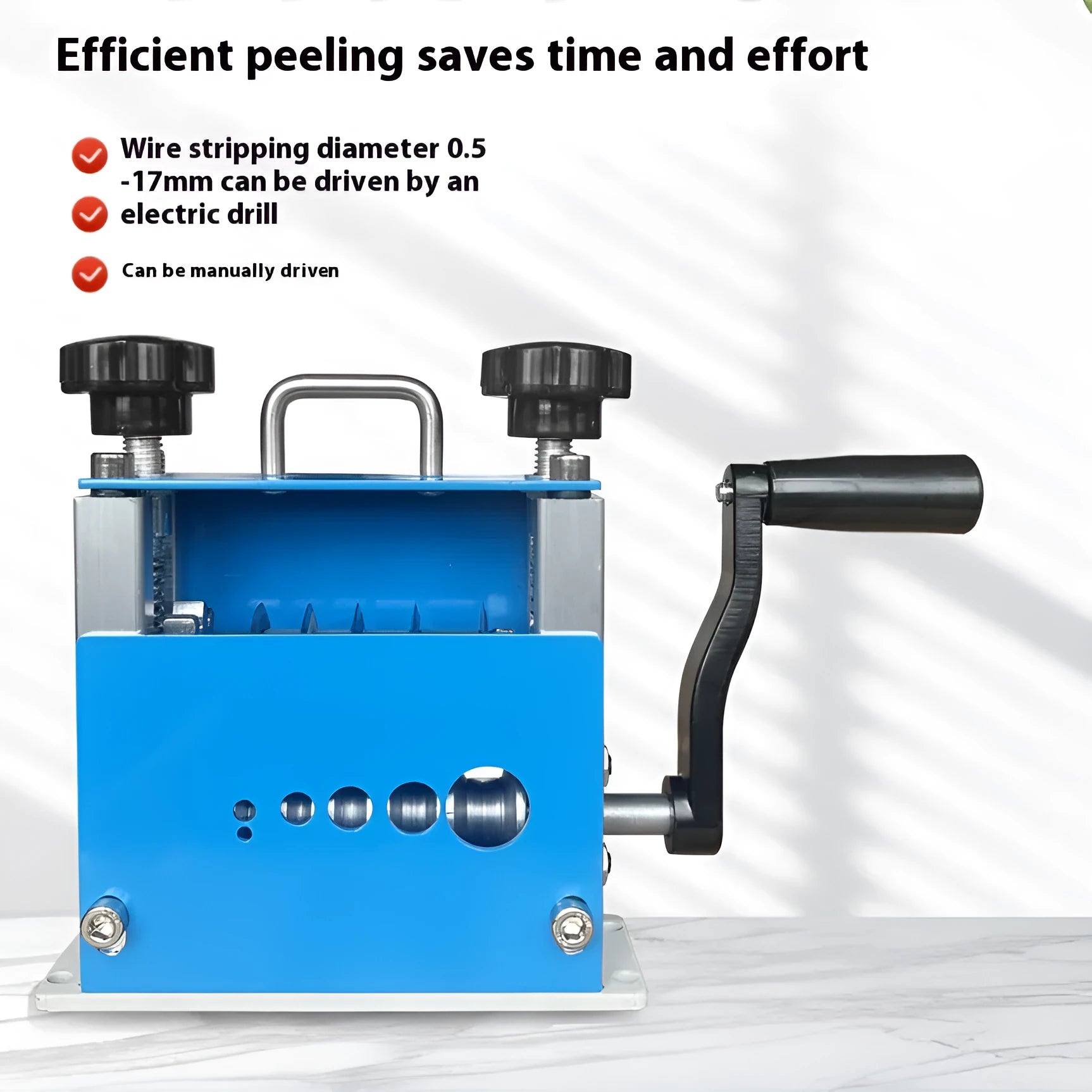 SD-017 manual household wire stripping machine showing compact grey body with wire aperture.