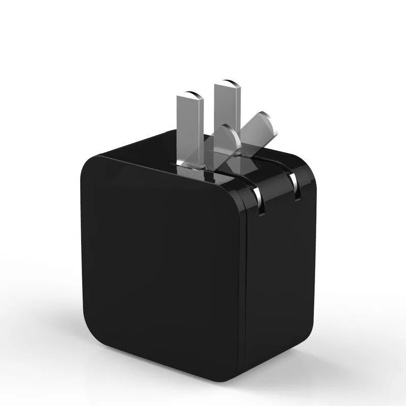 Black 5V2.4A USB travel charger with dual ports and a digital display screen, shown with a US plug.
