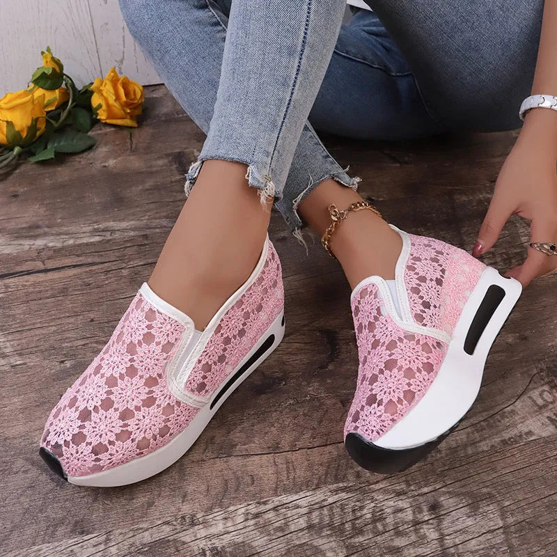 Lace mesh women's flat shoes with inner heightened platform, round toe, satin upper, pink and white colours