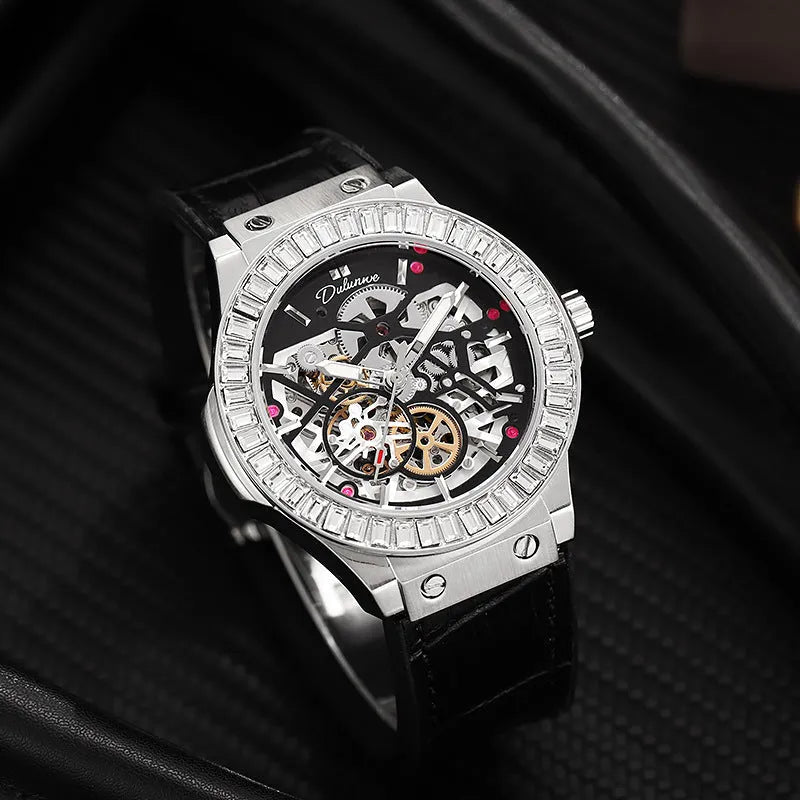 Men's automatic skeleton mechanical watch with diamond-studded dial in a white shell case.