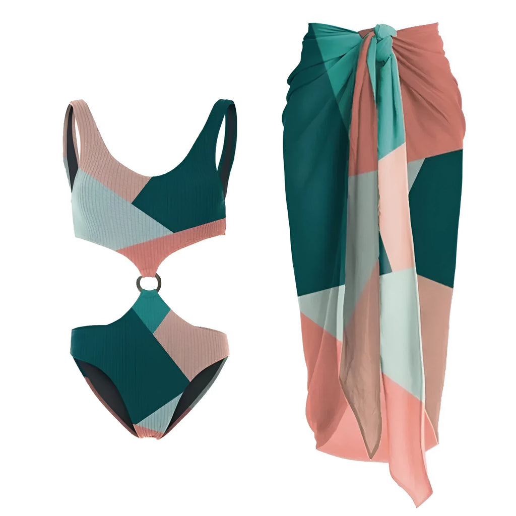 Women's colour contrast bikini set with cross-back design and mesh gauze skirt