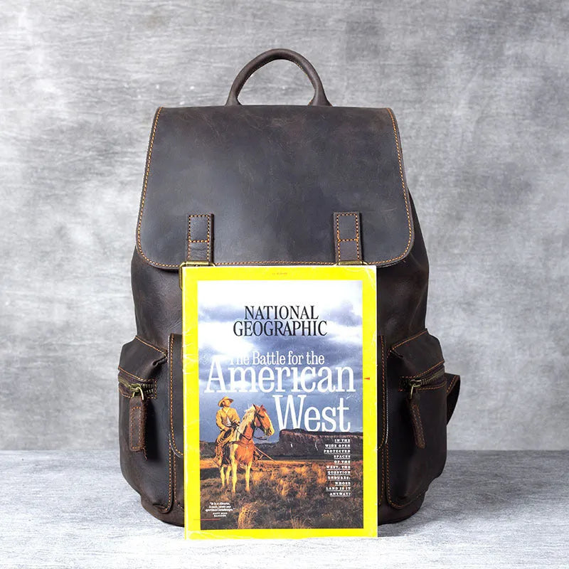 Brown retro crazy horse leather backpack with denim lining and double shoulder straps