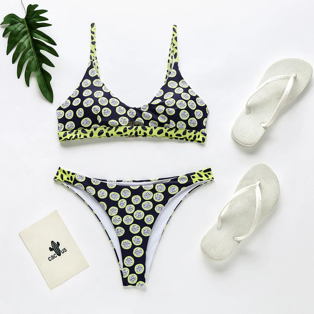 Women's bikini swimsuit set in polyester fabric showing black and white dots and red and white stripes pattern options