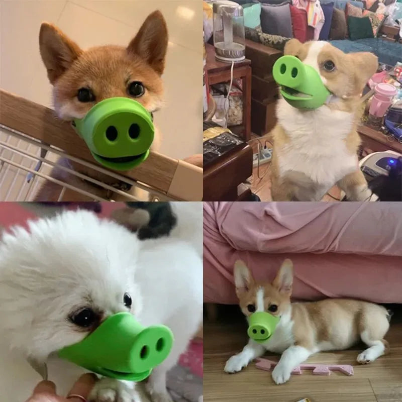 Blue and green silicone dog muzzle covers shown in small and large sizes for anti-bite training.