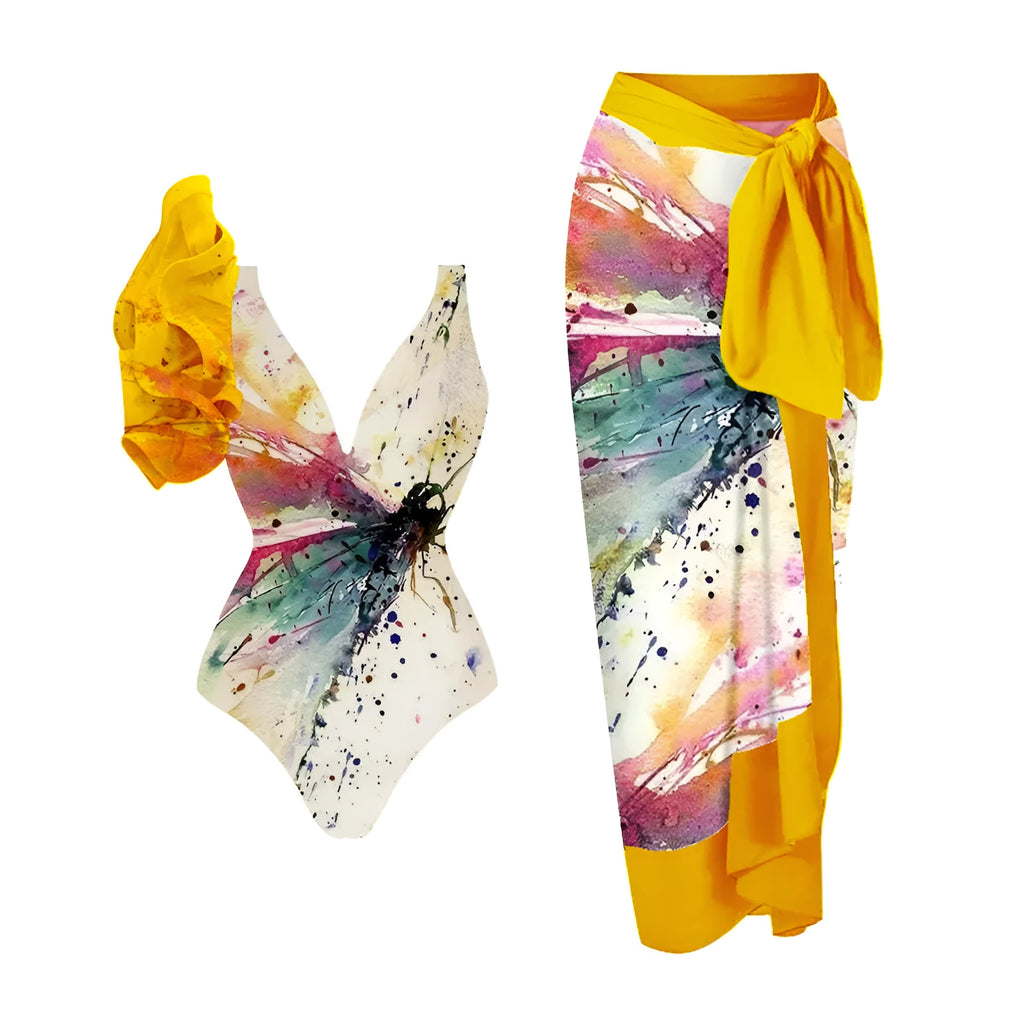 Yellow women's conservative one-piece swimsuit with belly coverage in sleeveless design
